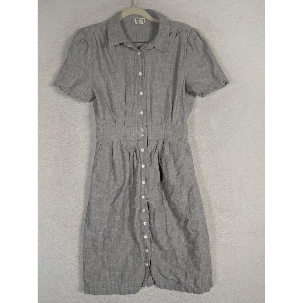 mo:vint Shirt Dress Women's M Gray Linen Blend Button Front Short Puff Sleeve
